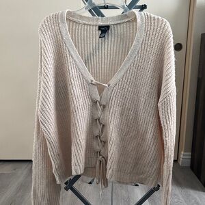 Rue21 Cream V-Neck Lace-Up Sweater